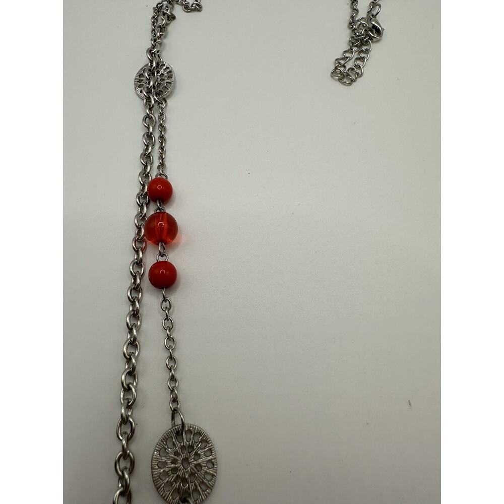 Silver Tone Multi Strand Chain Necklace With Red Plastic Beads 40” - Picture 7 of 8